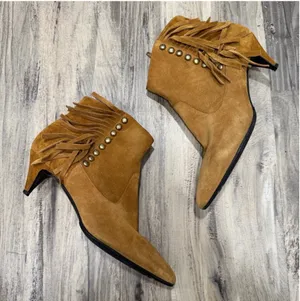 YSL Saint Laurent fringe suede studded kitten heel boho boots size 37 or 6.5 thumbnail 1