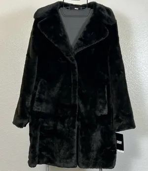 DKNY Women's Black Front‎ Button Down Faux Fur Jacket Coat thumbnail 1