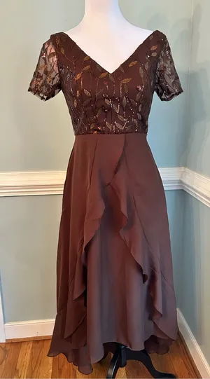Elegant Brown V-Neck A-Line Dress thumbnail 1