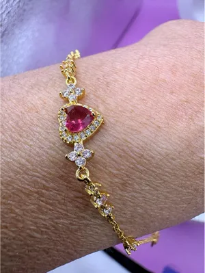 Gold Tone Chain Bracelet with Heart-Shaped Red Stone and Crystal Accents thumbnail 5