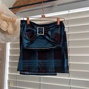 Nebbity two piece velvet plaid blue set top + skirt size small thumbnail 2