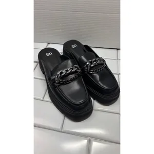 BP. Platform Loafer Mules Women 9.5 Black Excellent Chain Lug Sole Slip On Edgy thumbnail 2