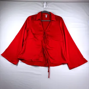 A New Day Womens Red Satin Tie-Up Front Long Sleeve Blouse Top Red Size M New thumbnail 2