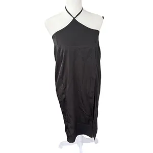 Alamour The Label Black Satin Halter Midi Slip Dress High Slit Size S thumbnail 2