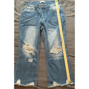 Melarey Blue Distressed Wide Leg Jeans Light Wash Frayed Hem Size L thumbnail 10