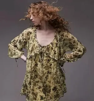 Topshop Yellow Floral‎ Sheer Ruffle Tie Mini Dress US 6 Boho Chic Romantic NWT thumbnail 1