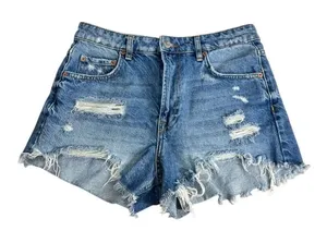 ZARA Blue Denim Distressed Shorts Size 6 Cotton High-Rise Raw-Hem Summer Beach thumbnail 1