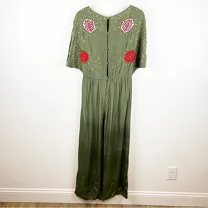 Anthropologie Seen‎ Worn & Kept Embroidered Satin Jumpsuit S Green Boho Chic thumbnail 3