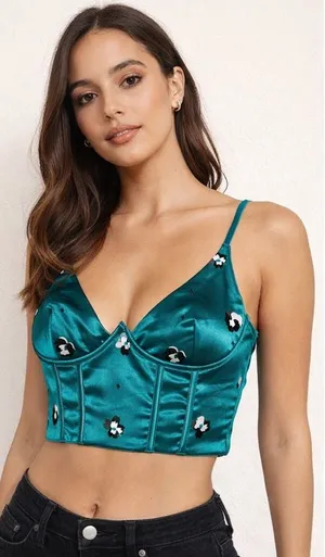 White Fox Boutique Satin Corset Crop Top Teal Floral Bustier Camisole Y2K Chic thumbnail 1