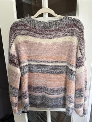 BKE Oversized Striped Fuzzy Boatneck Sweater S Boho Cabincore Scandi thumbnail 6