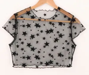 Velvet Star Sheer Mesh Crop Top Womens Size S Black‎ Celestial Indie Sleeze Goth thumbnail 1
