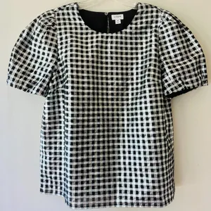 J. Crew‎ Sz M Gingham Metallic Puff Sleeve Blouse Top Lined Round Neck Pullover thumbnail 1