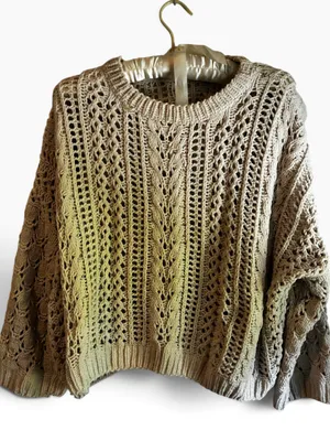 Women's Cream Openwork Crewneck Sweater. Layer Loose Fit thumbnail 6