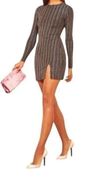 Reformation Mini Dress Metallic / Black Long Sleeve Ribbed Small‎ NEW thumbnail 1