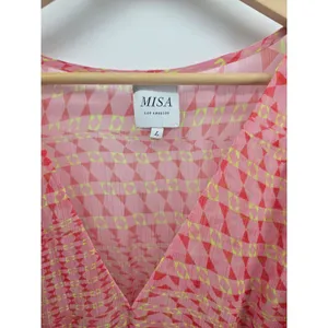 MISA Mini Dress Womens L Anita Pink Geometric Tie Waist V-Neck Bell Sleeve EUC thumbnail 2