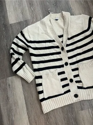 American Eagle Cardigan Womens Medium Ivory Black Striped Knit Shawl Collar thumbnail 3