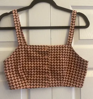 Levis Button Front Crop Top Womens XS Pink Brown Houndstooth Cotton Canvas NWT thumbnail 1