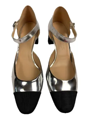 J.Crew Maisie Womens 9.5 Silver Leather Mary Jane Block Heel Black Cap Toe Shoes thumbnail 2