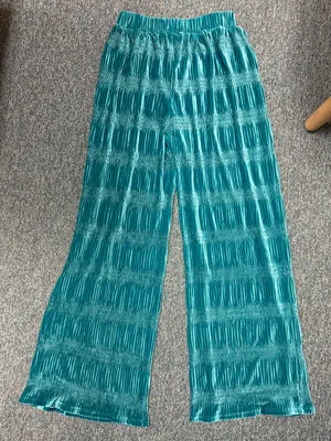 NWT BIBI Teal Crushed Velvet Plissé Wide Leg Pants Retro 70s Small thumbnail 3