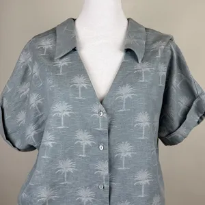 Zara Blue Palm Tree Print Button Down Short Sleeve Collared Blouse Shirt Top M thumbnail 2