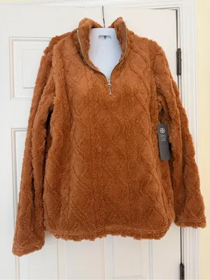 Daisy Fuentes Teddy Fleece Quarter Zip Pullover Camel Brown Size S NWT thumbnail 1