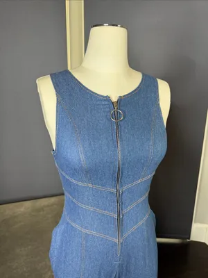 Sleeveless Sexy Blue Denim Jumpsuit Front Zip Slim Fit Retro 70s Flare Size S thumbnail 3