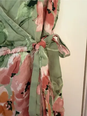 Floral Cotton Rayon Faux Wrap Maxi Dress Sage Green Pink Medium M thumbnail 3