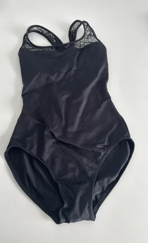 Mirella Leotard Black with lace crisscross strap detail. Size small thumbnail 1
