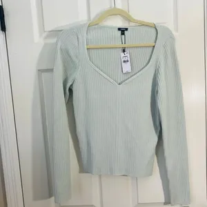 NWT Express Ribbed V Neck Fitted Long Sleeve Top Mint Green Size L Stretch thumbnail 3