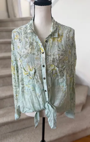Free People Light Blue & Green Leaf Print Gauze Tie Waist Button Down Shirt thumbnail 1