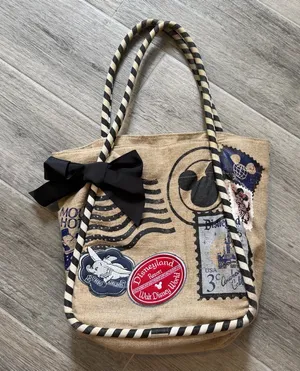 Disney Beige and Black Patch Canvas Tote with Striped Handles thumbnail 1