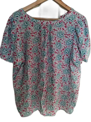 LOFT Teal Pink Floral Peacock Short Sleeve V Neck High Low Blouse Top L thumbnail 4