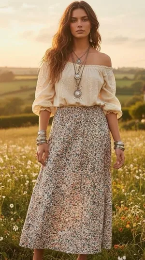 Ditsy Floral Dreams Maxi Skirt Earthy Cottagecore Boho Coastal Grandmother XL thumbnail 1