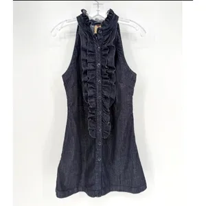 7 For All Mankind Mini Denim Dress Womens M Blue Ruffle Halter Western Preppy thumbnail 2