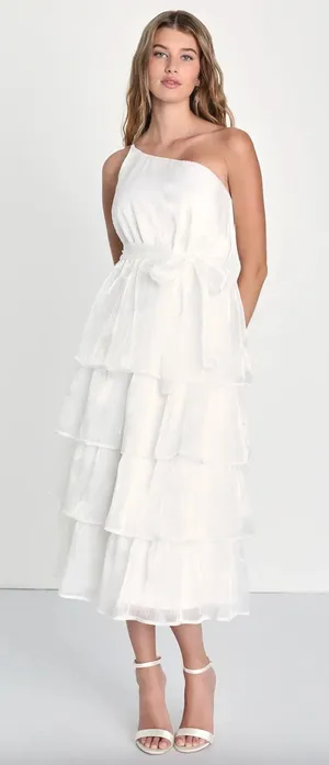 Lulus Sweetest Success White Organza Tiered One-Shoulder Midi Dress Medium NWT thumbnail 1