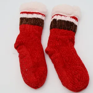Red Chenille Slipper Socks Faux Fur Lined Non-Slip Gripper One Size Cozy Winter thumbnail 2