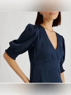 Quince Washable Stretch Silk Puff Sleeve Mini Dress Medium Navy Minimal Fall thumbnail 3