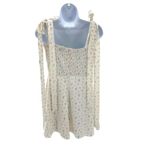 House of CB Gianna Cream Pink Floral Smocked Tie Shoulder Mini‎ Dress Milkmaid L thumbnail 4