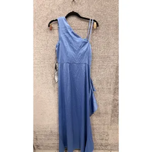 Adrianna Papell Women Gown 6 Blue Satin Crepe One Shoulder Ruffle Side Slit thumbnail 6