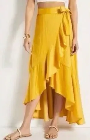 Anthropologie Maeve Mango Yellow Ruffle Wrap Skirt midi High Low NWT XL boho thumbnail 1