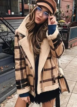 J.O.A Plaid Faux Fur Shearling Moto‎ Jacket thumbnail 1