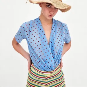 ZARA TRAFALUC baby blue red polka dot semi sheer mesh retro top S B18‎ thumbnail 2