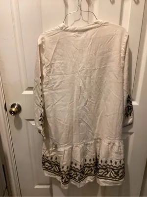 Cream Embroidered V-Neck Mini Dress with Black & Gold Motifs thumbnail 5
