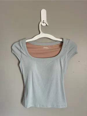 OGLMove | Pale Blue Scoop Neck Short Sleeve Padded Fitted Top Sz XS thumbnail 2