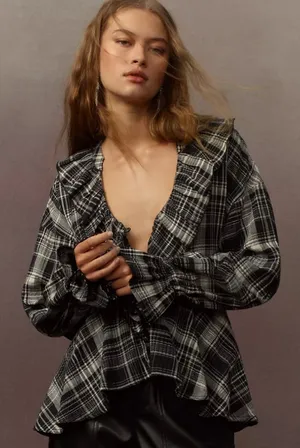 NWT Anthropologie Pilcro Plaid Ruffled Button Black Blouse S thumbnail 1