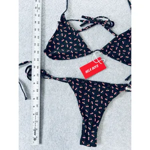 Full Send Cherry Print Bikini Triangle Top Tie String Swimsuit Black Medium New! thumbnail 6