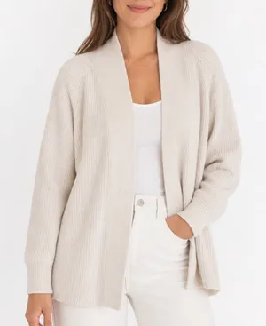 LOFT Womens Ribbed Open Front Cardigan Sweater Cream Ivory Cotton Wool Blend M thumbnail 1