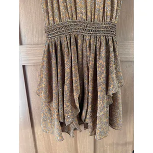 Storia Brown Floral Ruffle Mini Dress Butterfly Sleeves Women’s size Medium thumbnail 2