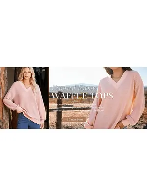 Boutique Waffle Knit Womens V-Neck Long Sleeve Pullover Casual Outfits Loose Top M thumbnail 7