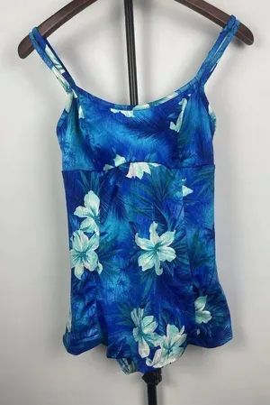 Vintage MAINSTREAM Blue Tropical Floral‎ One Piece Swimsuit Dress Size 10 thumbnail 1